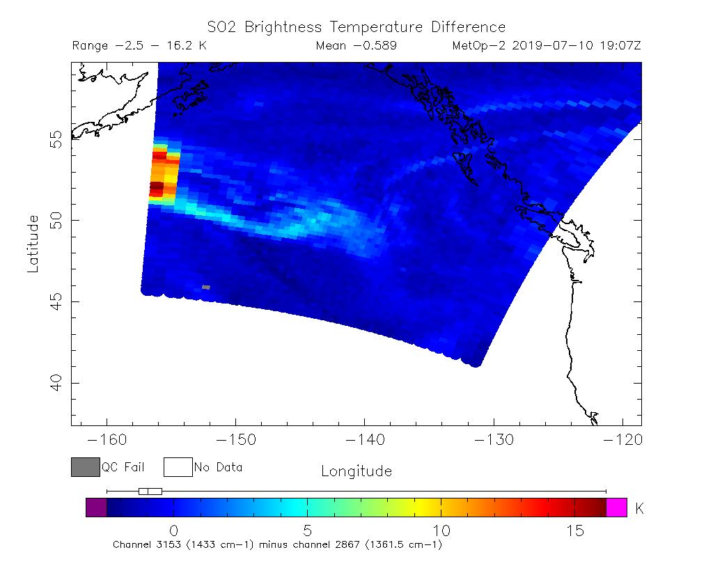 SO2 Brightness Temperature Difference 2019-07-10 19:07Z