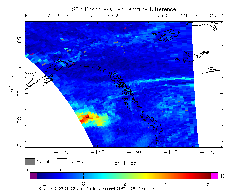 SO2 Brightness Temperature Difference 2019-07-11 04:55Z
