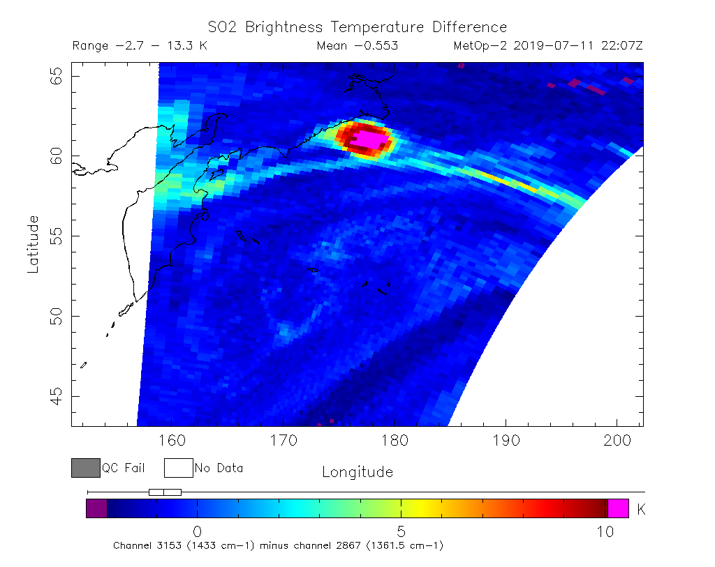 SO2 Brightness Temperature Difference 2019-07-11 22:07Z