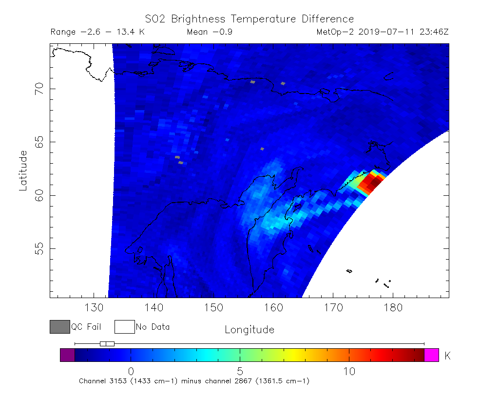 SO2 Brightness Temperature Difference 2019-07-11 23:46Z