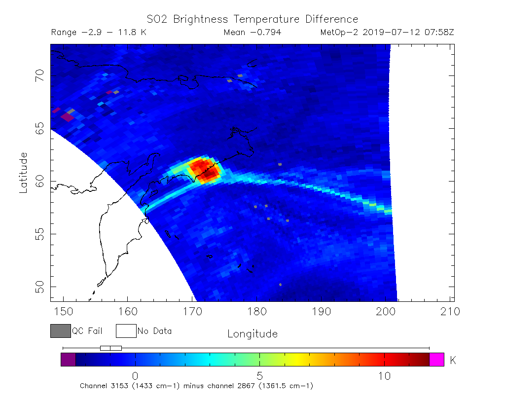 SO2 Brightness Temperature Difference 2019-07-12 07:58Z