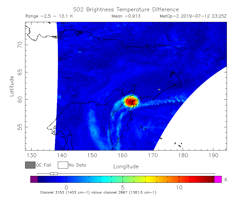 SO2 Brightness Temperature Difference 2019-07-12 23:25Z