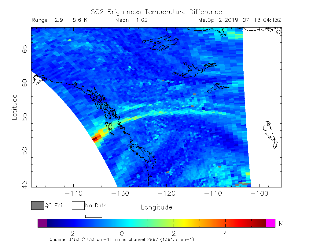 SO2 Brightness Temperature Difference 2019-07-13 04:13Z