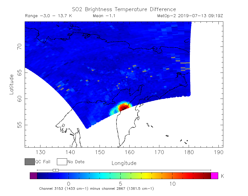 SO2 Brightness Temperature Difference 2019-07-13 09:19Z