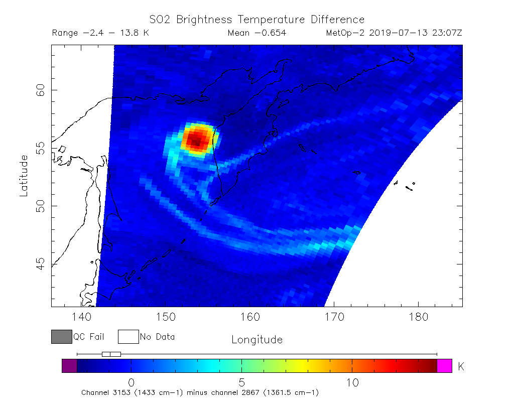 SO2 Brightness Temperature Difference 2019-07-13 23:07Z