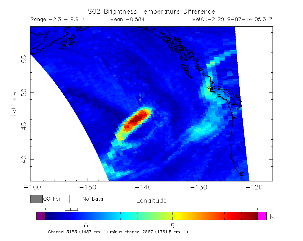 SO2 Brightness Temperature Difference 2019-07-14 05:31Z