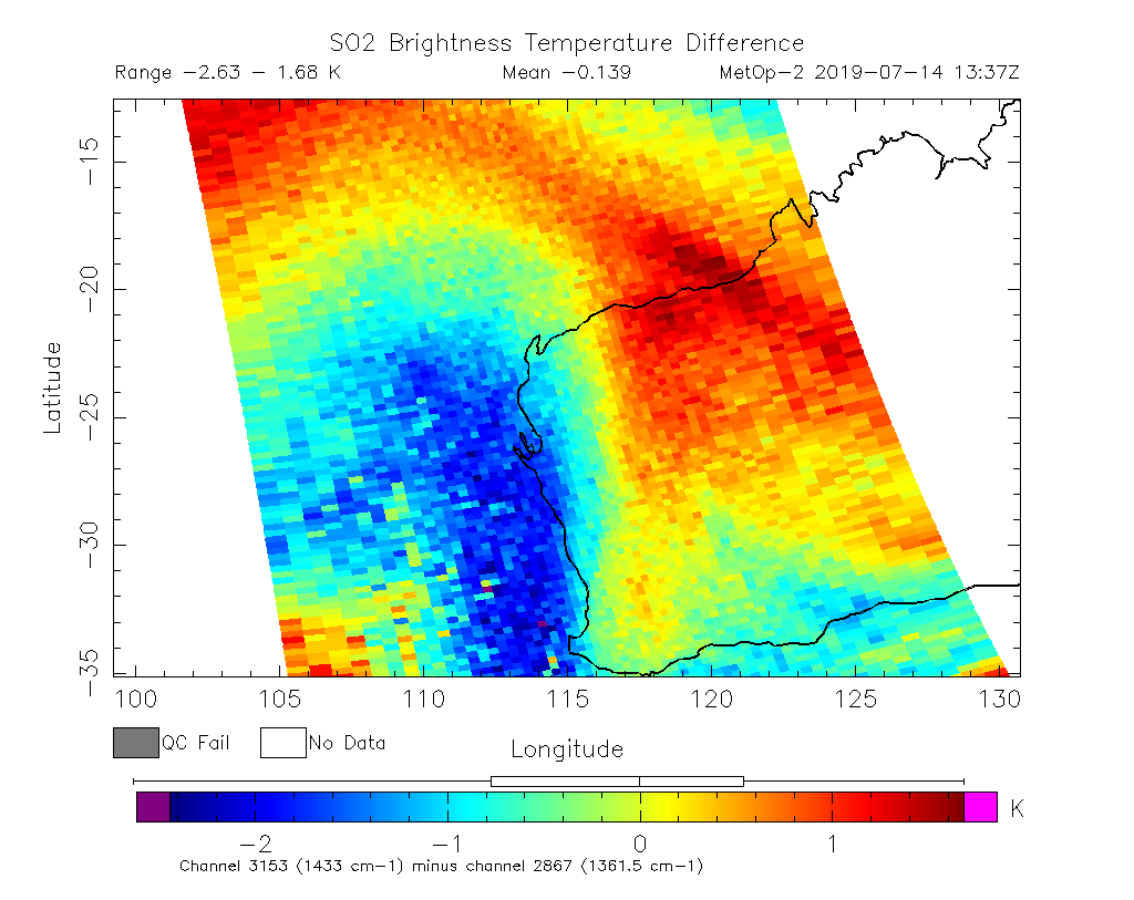SO2 Brightness Temperature Difference 2019-07-14 13:37Z
