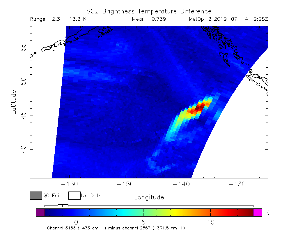 SO2 Brightness Temperature Difference 2019-07-14 19:25Z