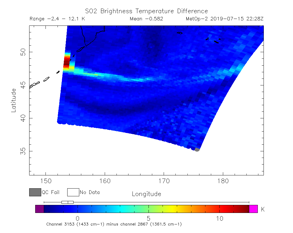 SO2 Brightness Temperature Difference 2019-07-15 22:28Z