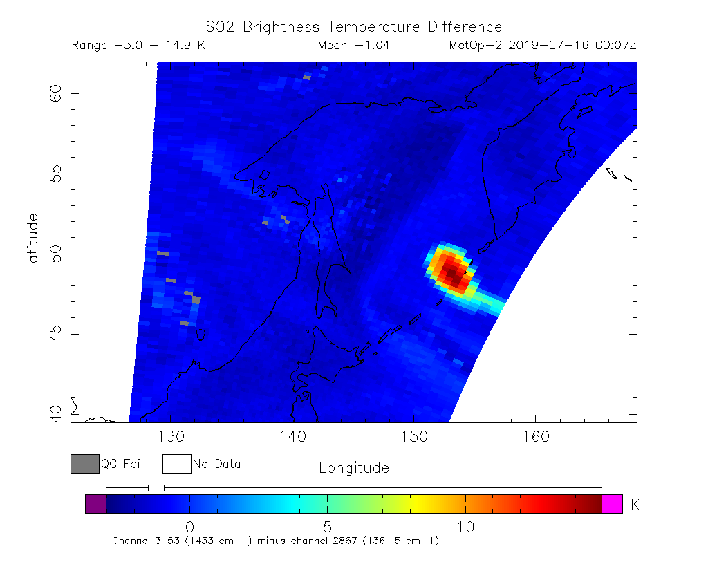 SO2 Brightness Temperature Difference 2019-07-16 00:07Z