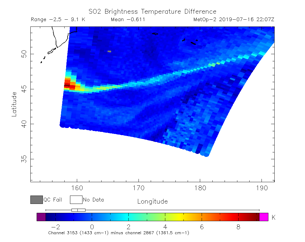 SO2 Brightness Temperature Difference 2019-07-16 22:07Z