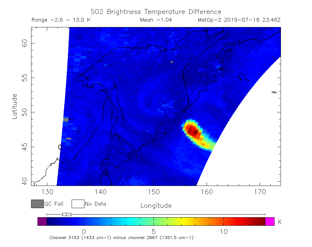 SO2 Brightness Temperature Difference 2019-07-16 23:46Z