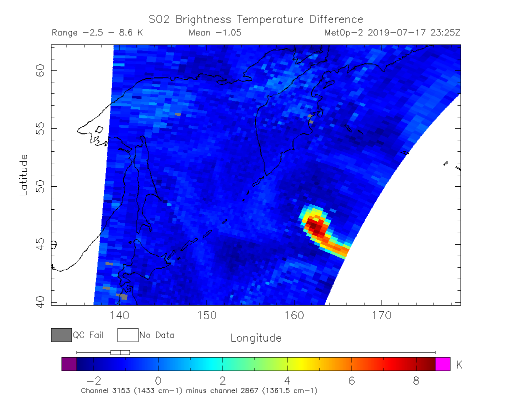 SO2 Brightness Temperature Difference 2019-07-17 23:25Z