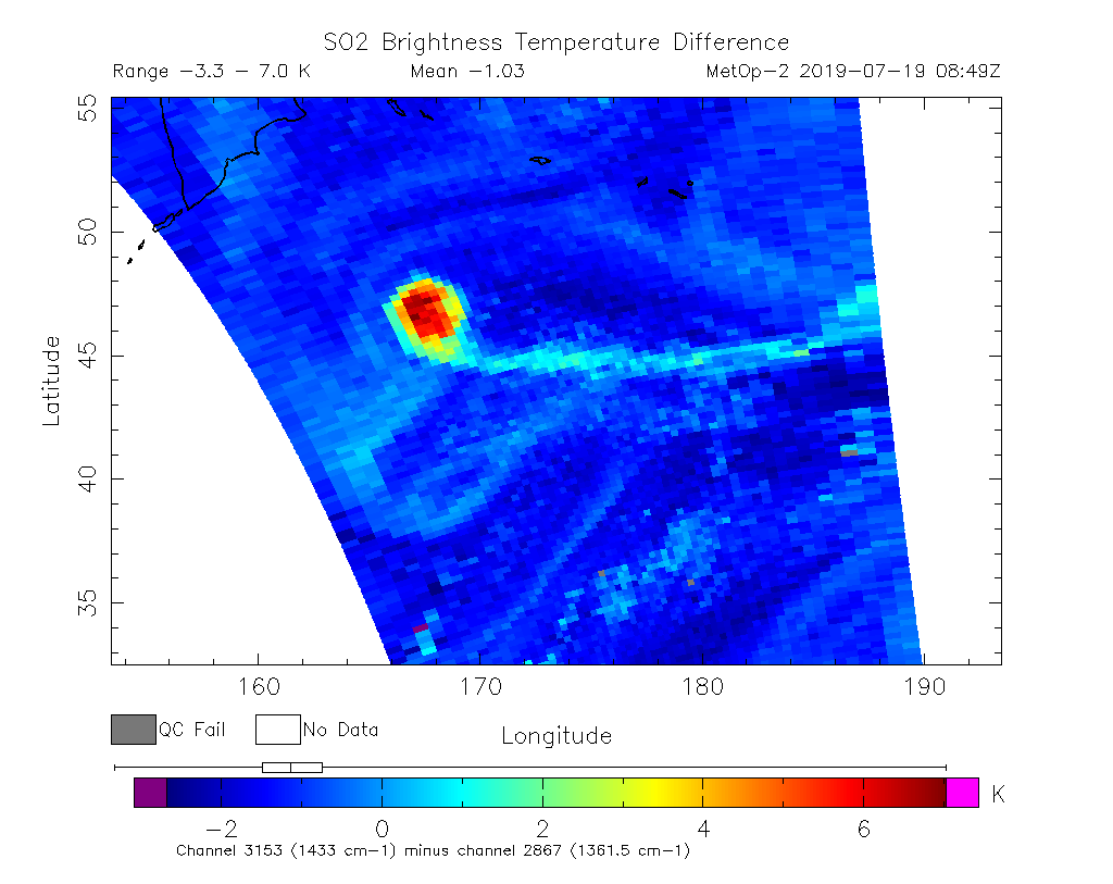 SO2 Brightness Temperature Difference 2019-07-19 08:49Z