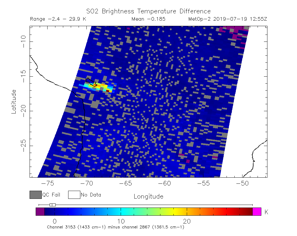 SO2 Brightness Temperature Difference 2019-07-19 12:55Z