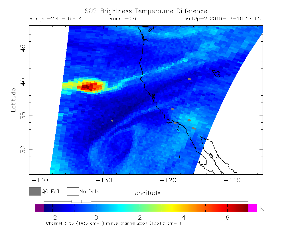 SO2 Brightness Temperature Difference 2019-07-19 17:43Z