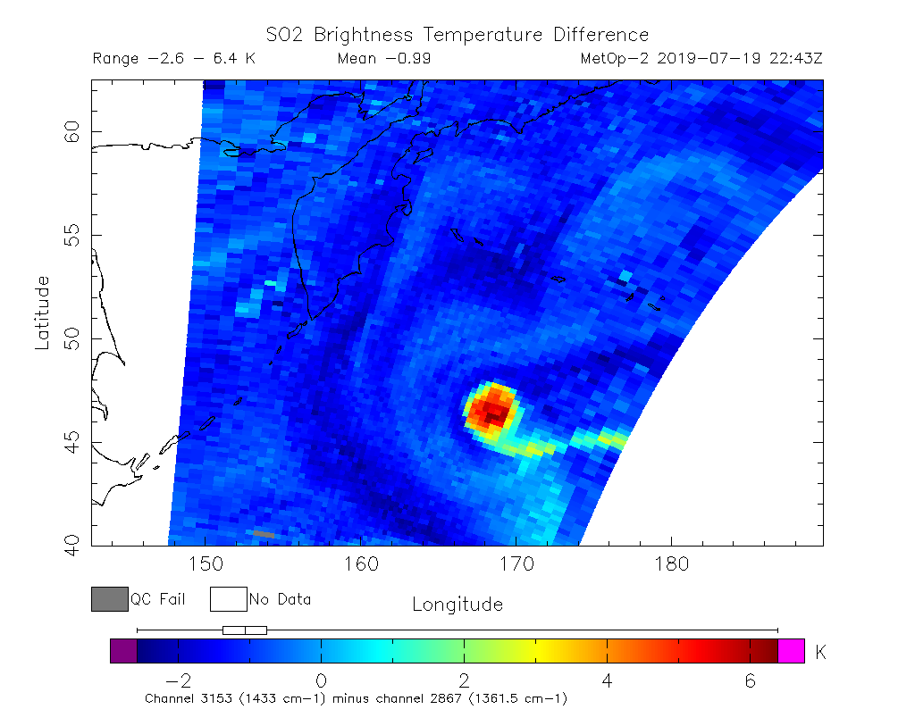 SO2 Brightness Temperature Difference 2019-07-19 22:43Z