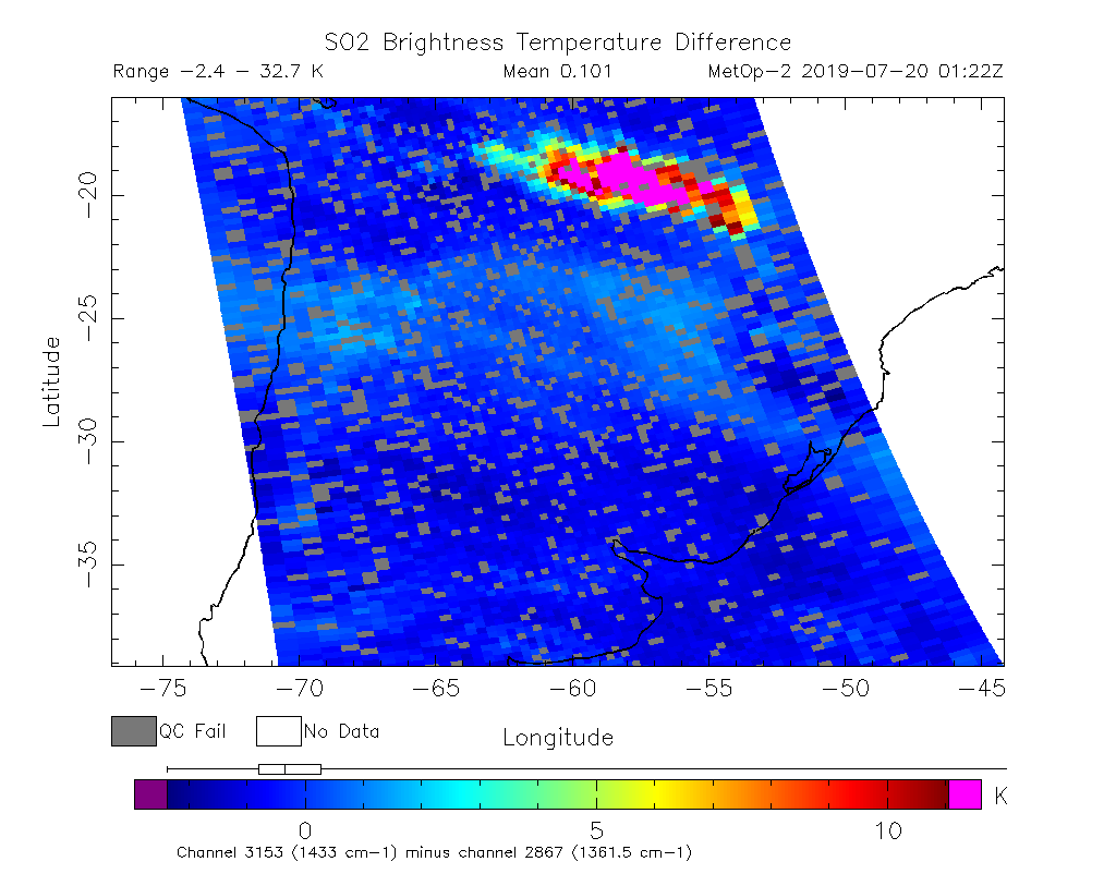 SO2 Brightness Temperature Difference 2019-07-20 01:22Z