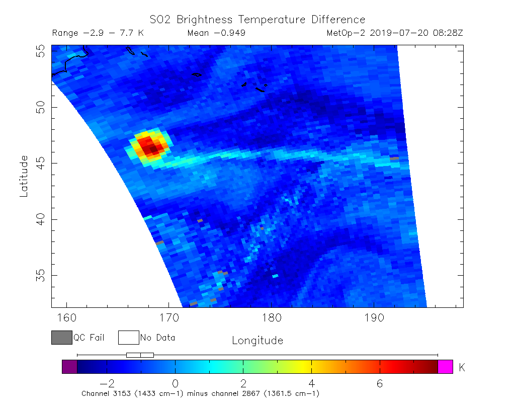 SO2 Brightness Temperature Difference 2019-07-20 08:28Z