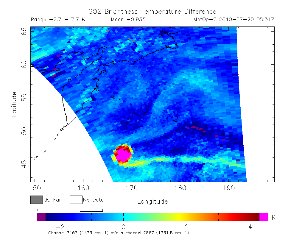 SO2 Brightness Temperature Difference 2019-07-20 08:31Z