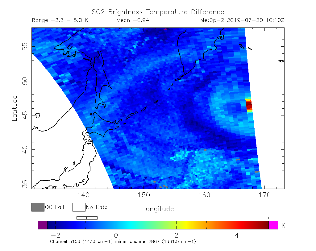 SO2 Brightness Temperature Difference 2019-07-20 10:10Z
