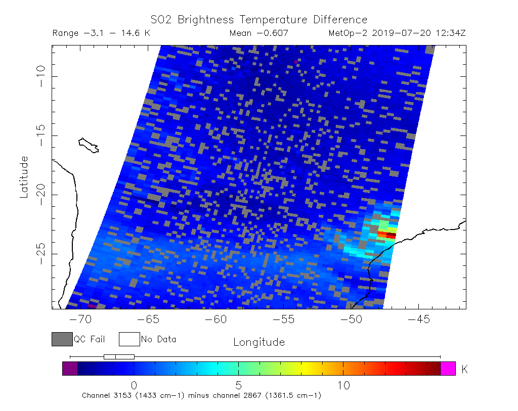SO2 Brightness Temperature Difference 2019-07-20 12:34Z