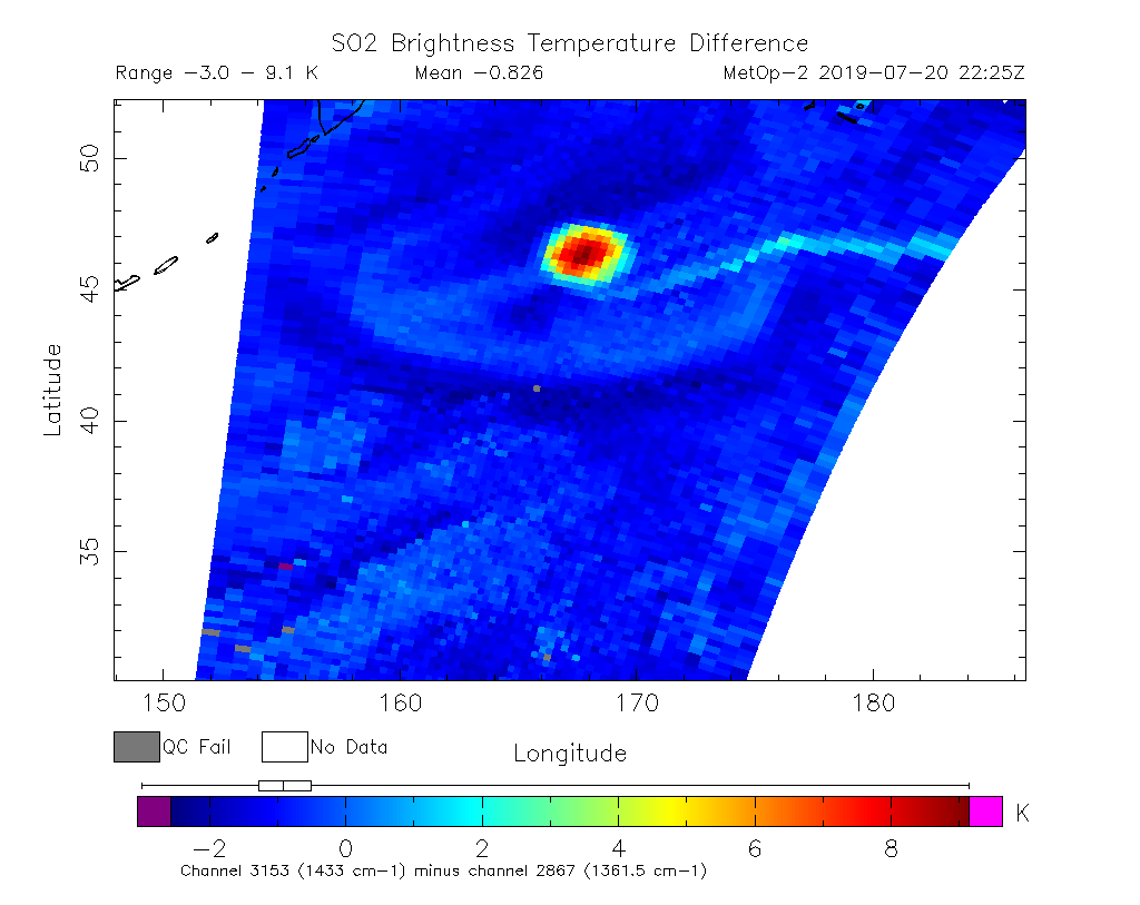 SO2 Brightness Temperature Difference 2019-07-20 22:25Z