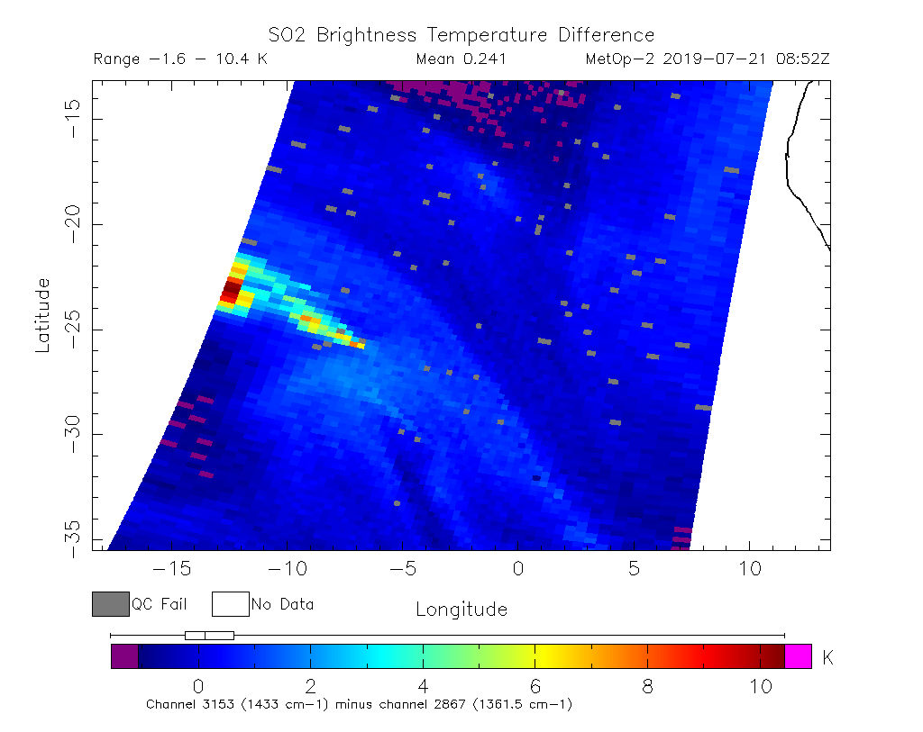 SO2 Brightness Temperature Difference 2019-07-21 08:52Z
