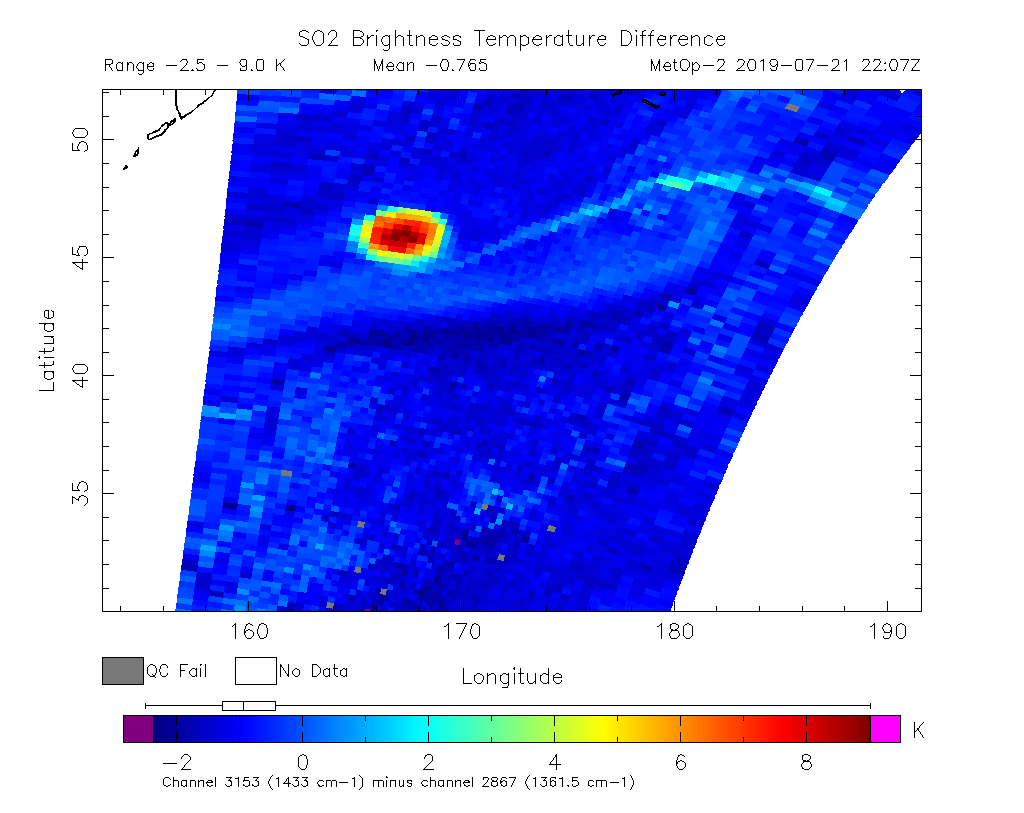 SO2 Brightness Temperature Difference 2019-07-21 22:07Z