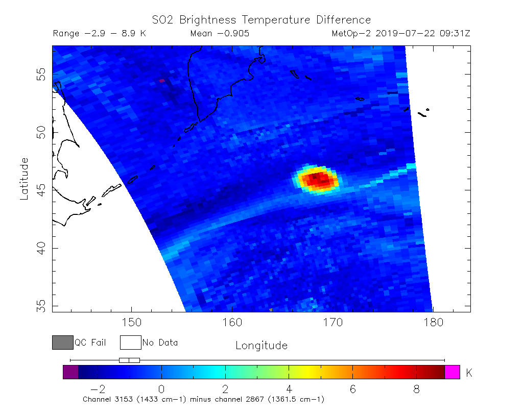 SO2 Brightness Temperature Difference 2019-07-22 09:31Z