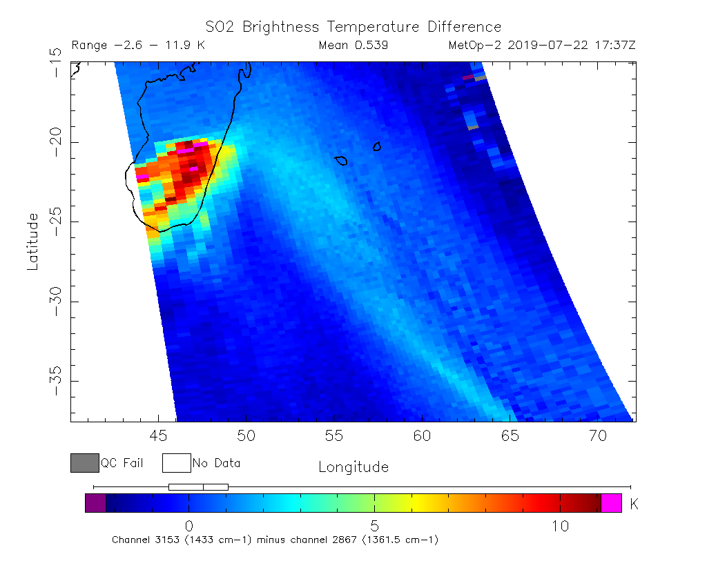 SO2 Brightness Temperature Difference 2019-07-22 17:37Z
