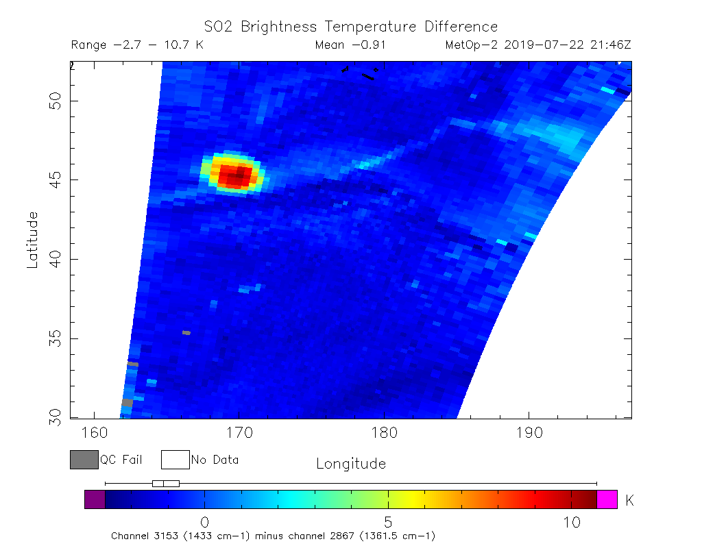 SO2 Brightness Temperature Difference 2019-07-22 21:46Z