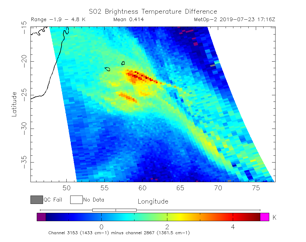 SO2 Brightness Temperature Difference 2019-07-23 17:16Z