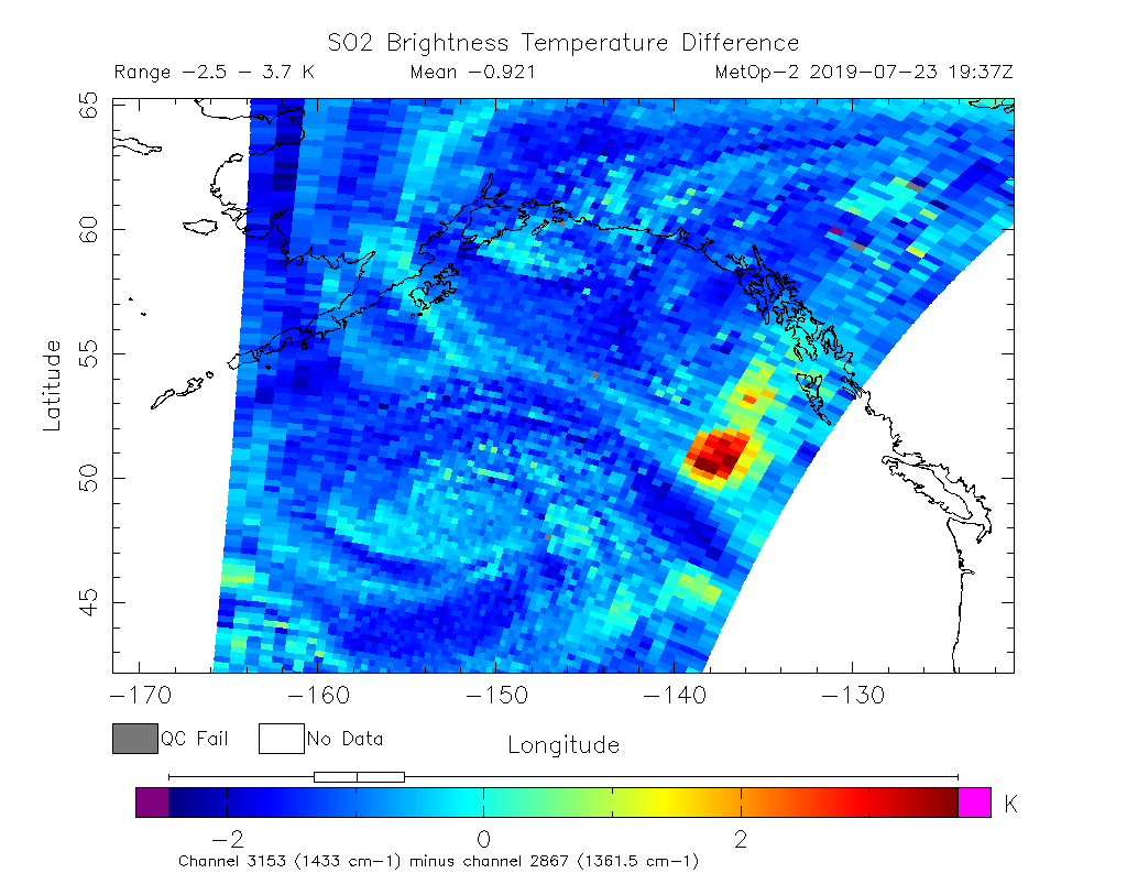SO2 Brightness Temperature Difference 2019-07-23 19:37Z