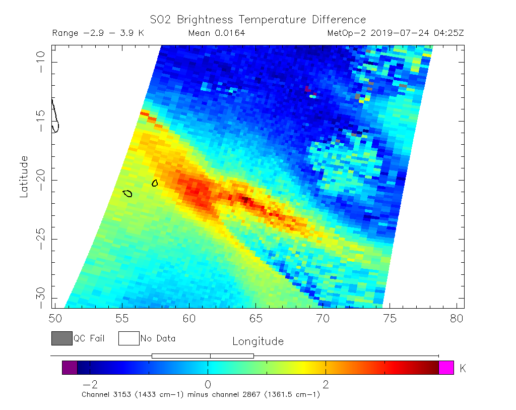 SO2 Brightness Temperature Difference 2019-07-24 04:25Z