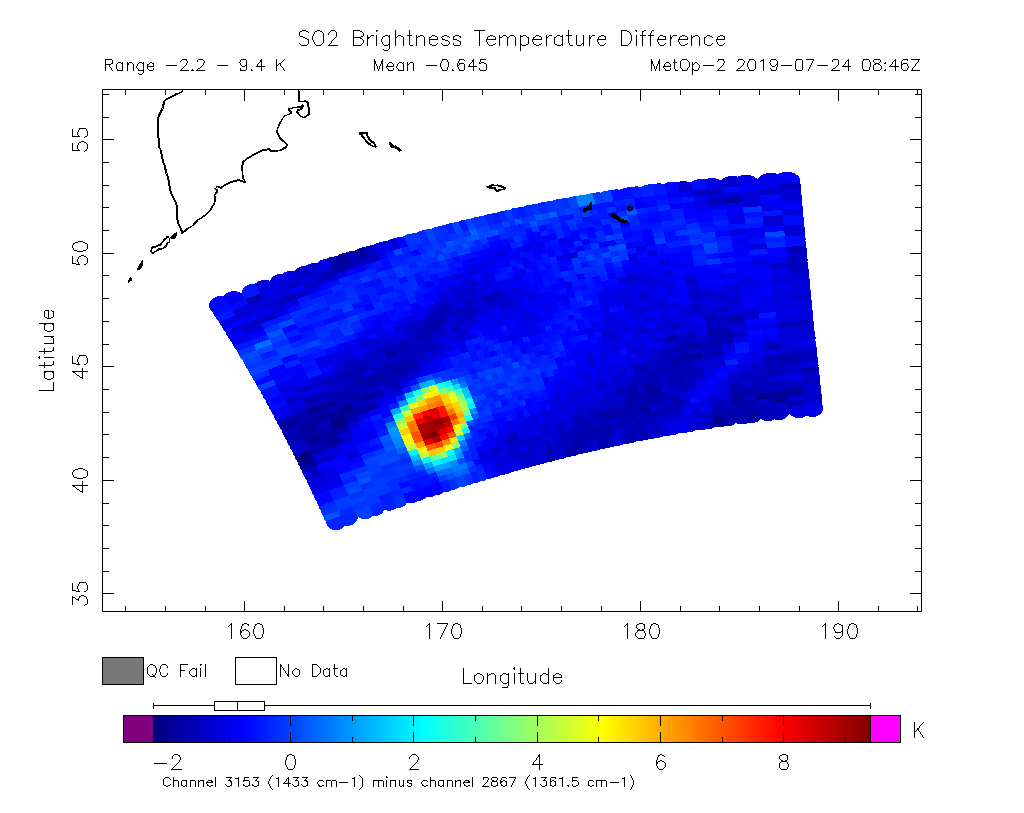 SO2 Brightness Temperature Difference 2019-07-24 08:46Z