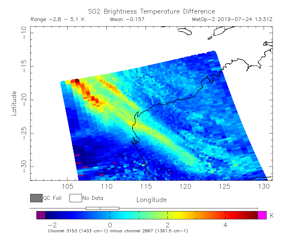 SO2 Brightness Temperature Difference 2019-07-24 13:31Z