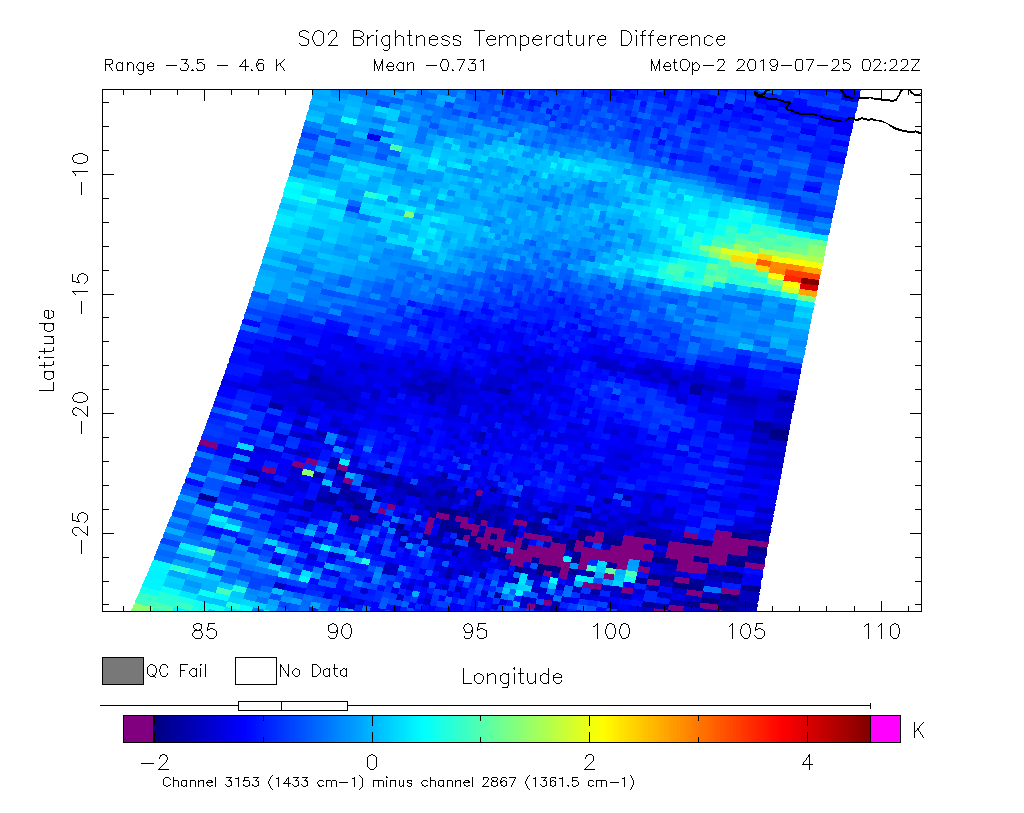 SO2 Brightness Temperature Difference 2019-07-25 02:22Z