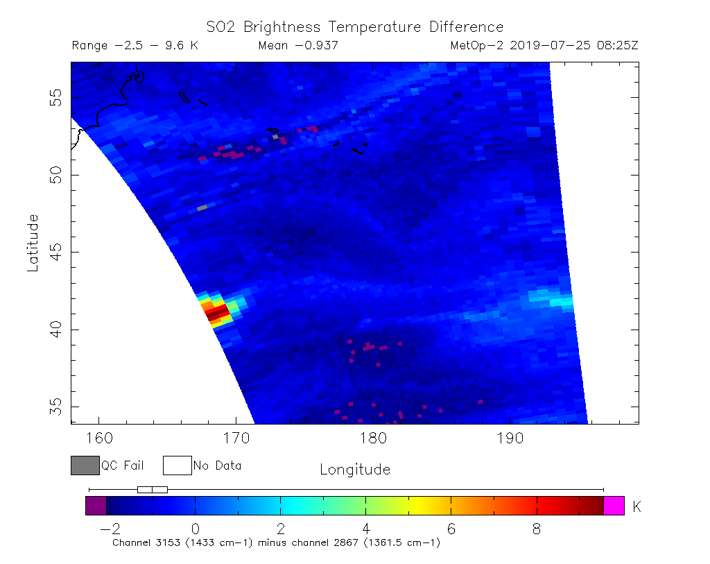 SO2 Brightness Temperature Difference 2019-07-25 08:25Z