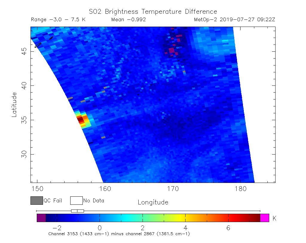 SO2 Brightness Temperature Difference 2019-07-27 09:22Z