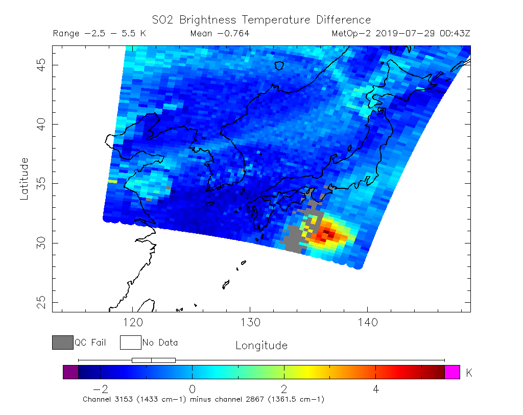 SO2 Brightness Temperature Difference 2019-07-29 00:43Z