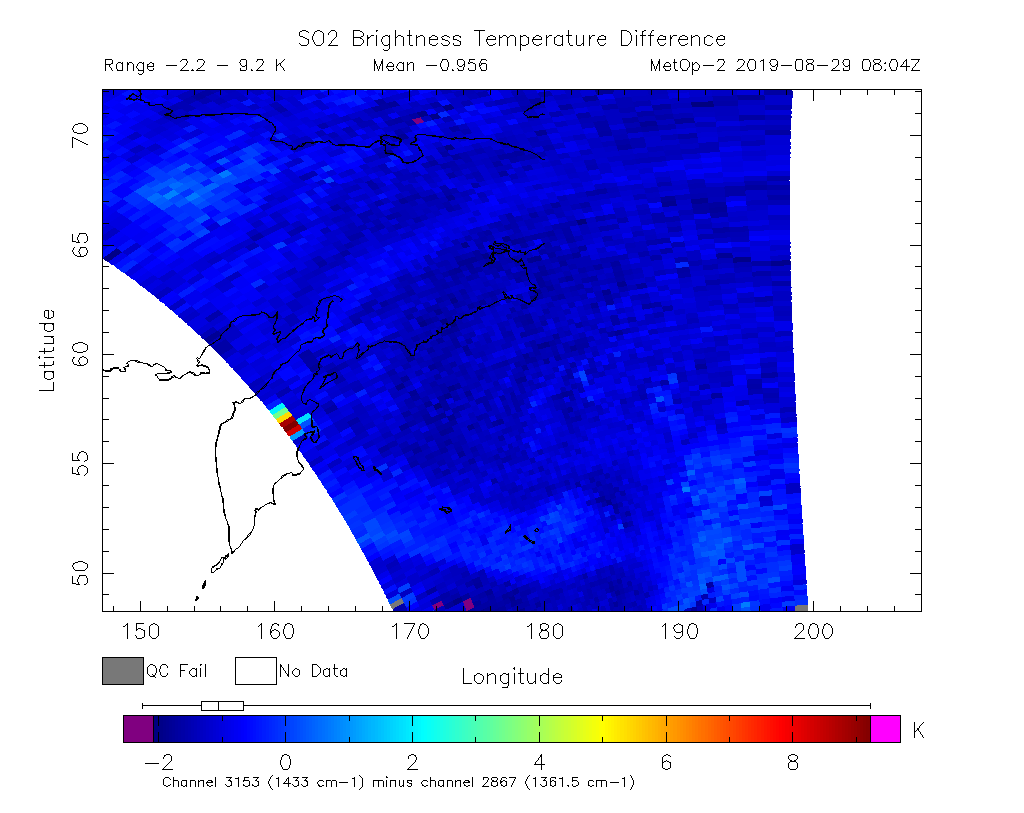 SO2 Brightness Temperature Difference 2019-08-29 08:04Z