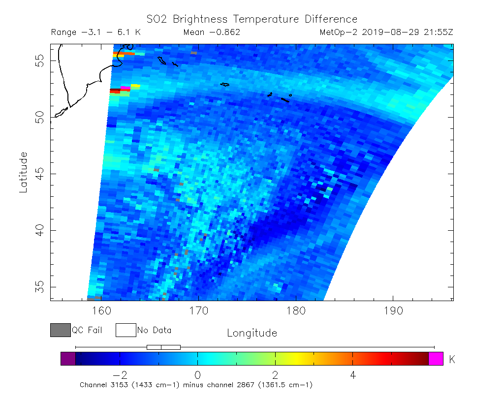 SO2 Brightness Temperature Difference 2019-08-29 21:55Z