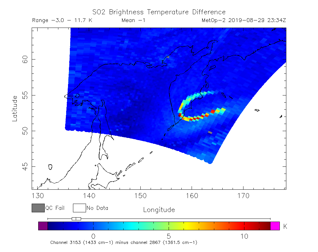 SO2 Brightness Temperature Difference 2019-08-29 23:34Z