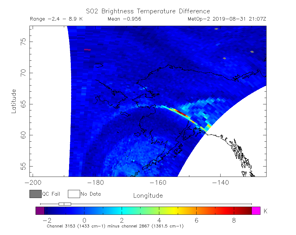 SO2 Brightness Temperature Difference 2019-08-31 21:07Z