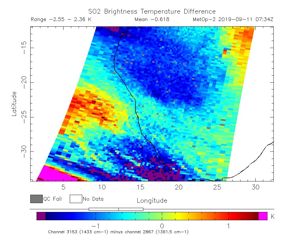 SO2 Brightness Temperature Difference 2019-09-11 07:34Z