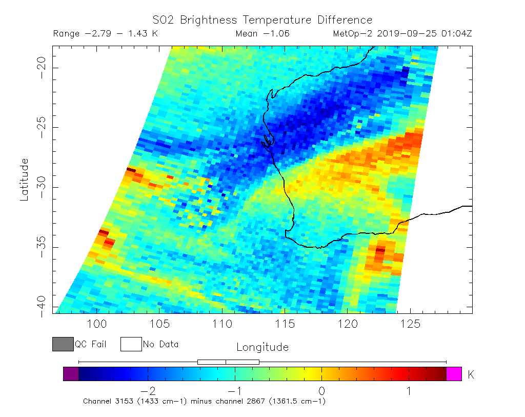 SO2 Brightness Temperature Difference 2019-09-25 01:04Z