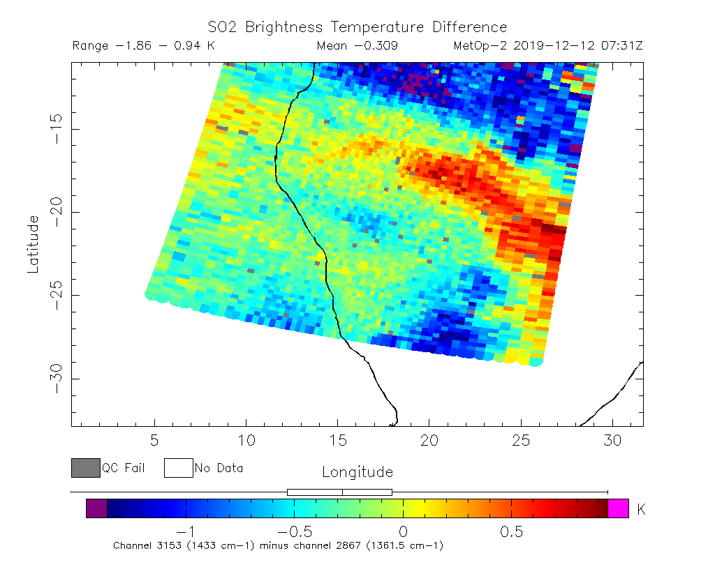 SO2 Brightness Temperature Difference 2019-12-12 07:31Z