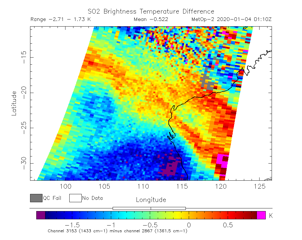 SO2 Brightness Temperature Difference 2020-01-04 01:10Z