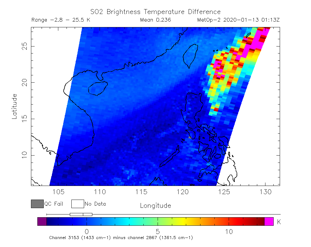 SO2 Brightness Temperature Difference 2020-01-13 01:13Z